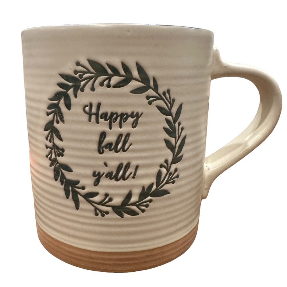 Green and cream fall coffee mug. Says Happy Fall Y’all in one side.
